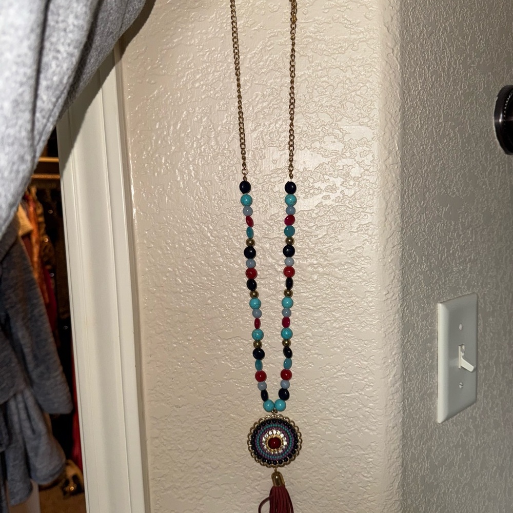 Boho Multi-Bead Pendant Necklace with Tassel - Turquoise & Red